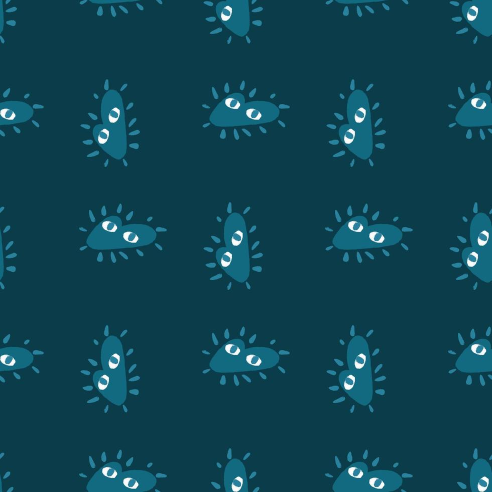 Funny decorative seamless pattern with doodle blue abstract heart ornament. Dark turquoise background. vector