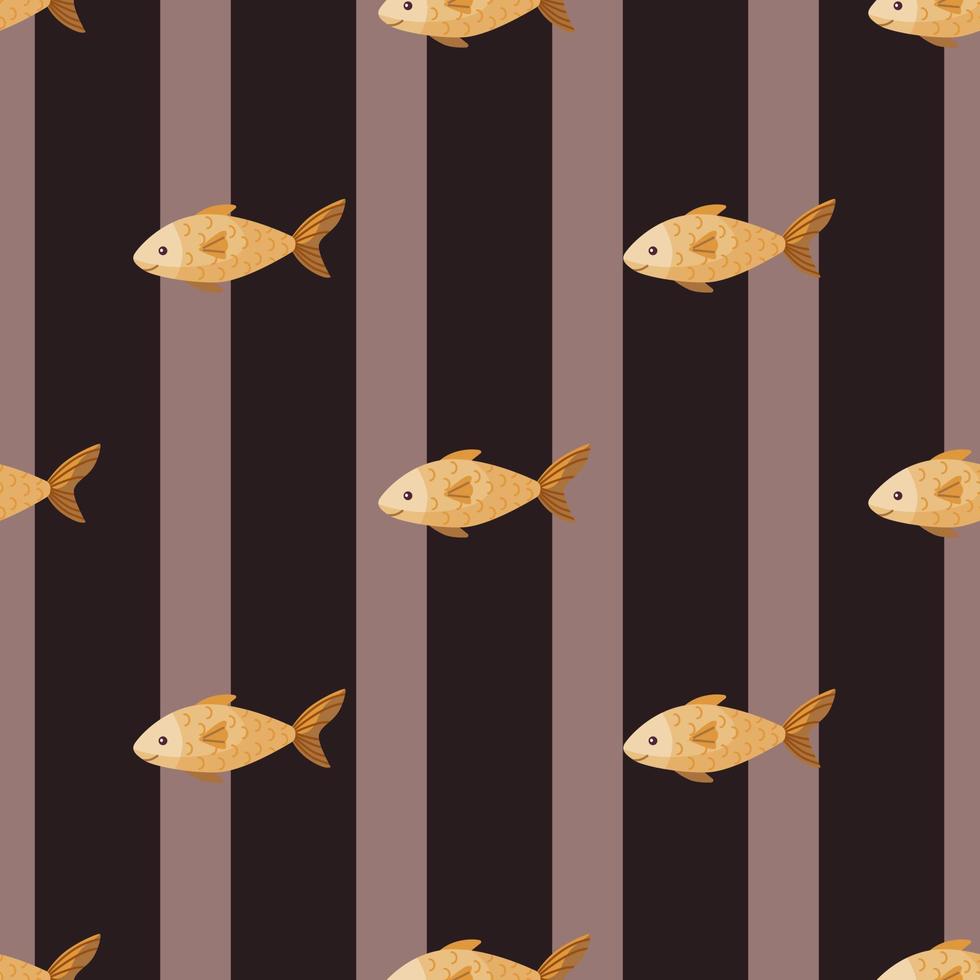 Seamless pattern fish on stripes brown background. Modern ornament with sea animals. vector