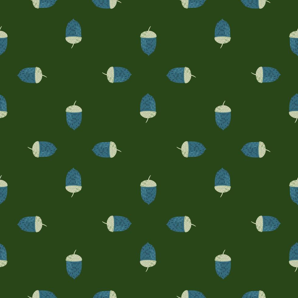 Decoration nature seamless pattern with blue acorn scandi print. Green dark background. vector
