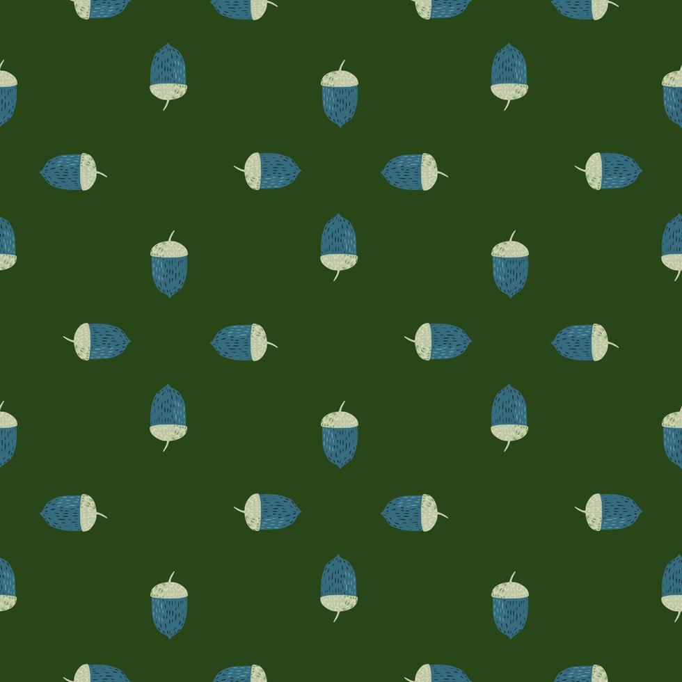 decoración naturaleza de patrones sin fisuras con estampado de escandinavo de bellota azul. fondo verde oscuro. vector