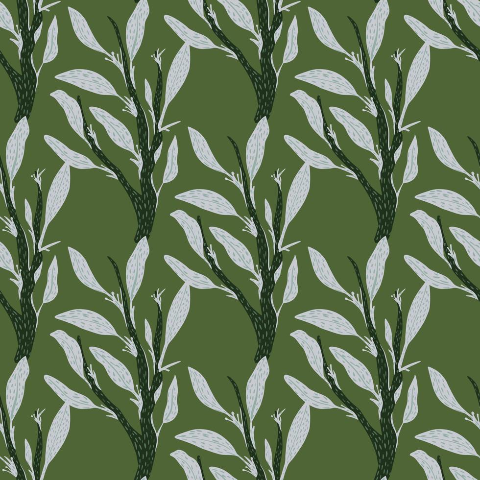 Botanic seamless doodle pattern with grey leaves branches. Green olive background. vector