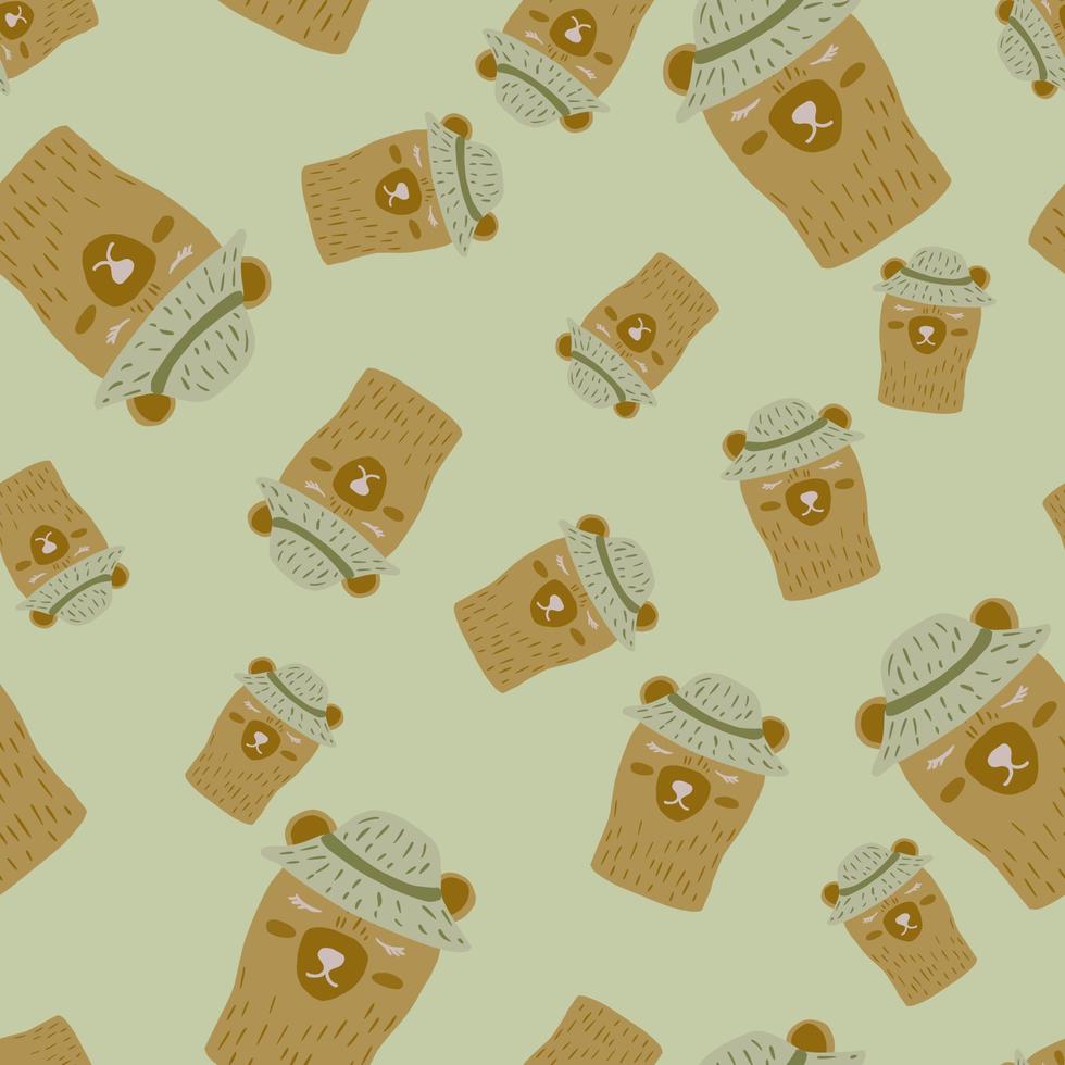 Seamless random pattern with beige bear heads in hats. Grey background. Pale palette animal funny print. vector