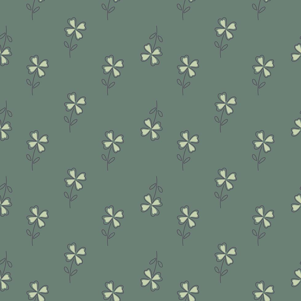 Outline seamless doodle pattern with white simple four-leaf clower print. Pale green background. vector