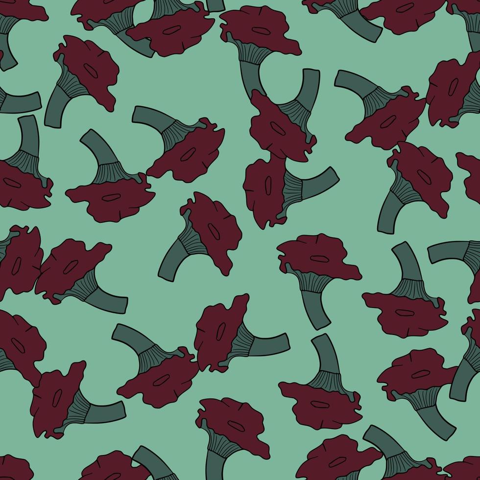 Natural seamless pattern with random cantharellus cibarius mushroom elements. Light green background. vector