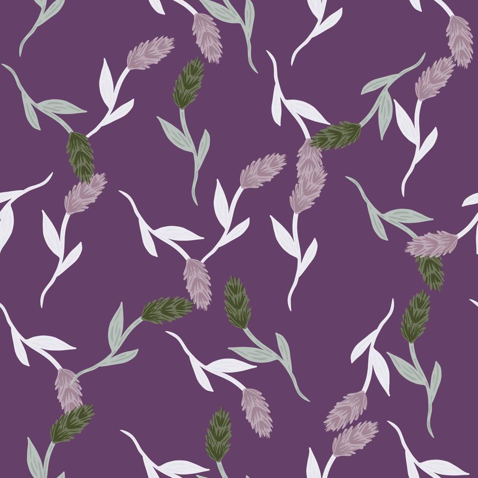 patrón sin costuras con elementos decorativos aleatorios de espiga de trigo impresos. fondo morado telón de fondo plano. vector