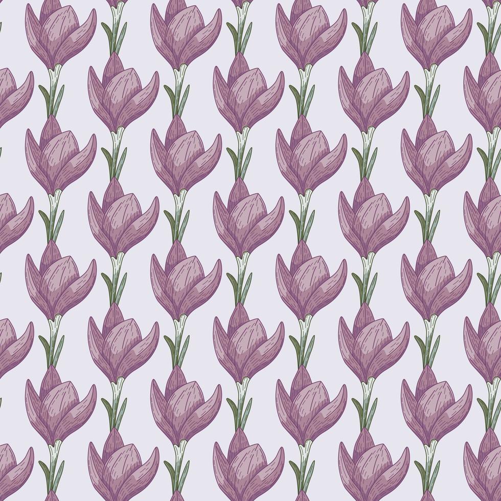 Abstract botanic seamless pattern in hand drawn style with crocus flowers outline ornament. Light blue background. vector