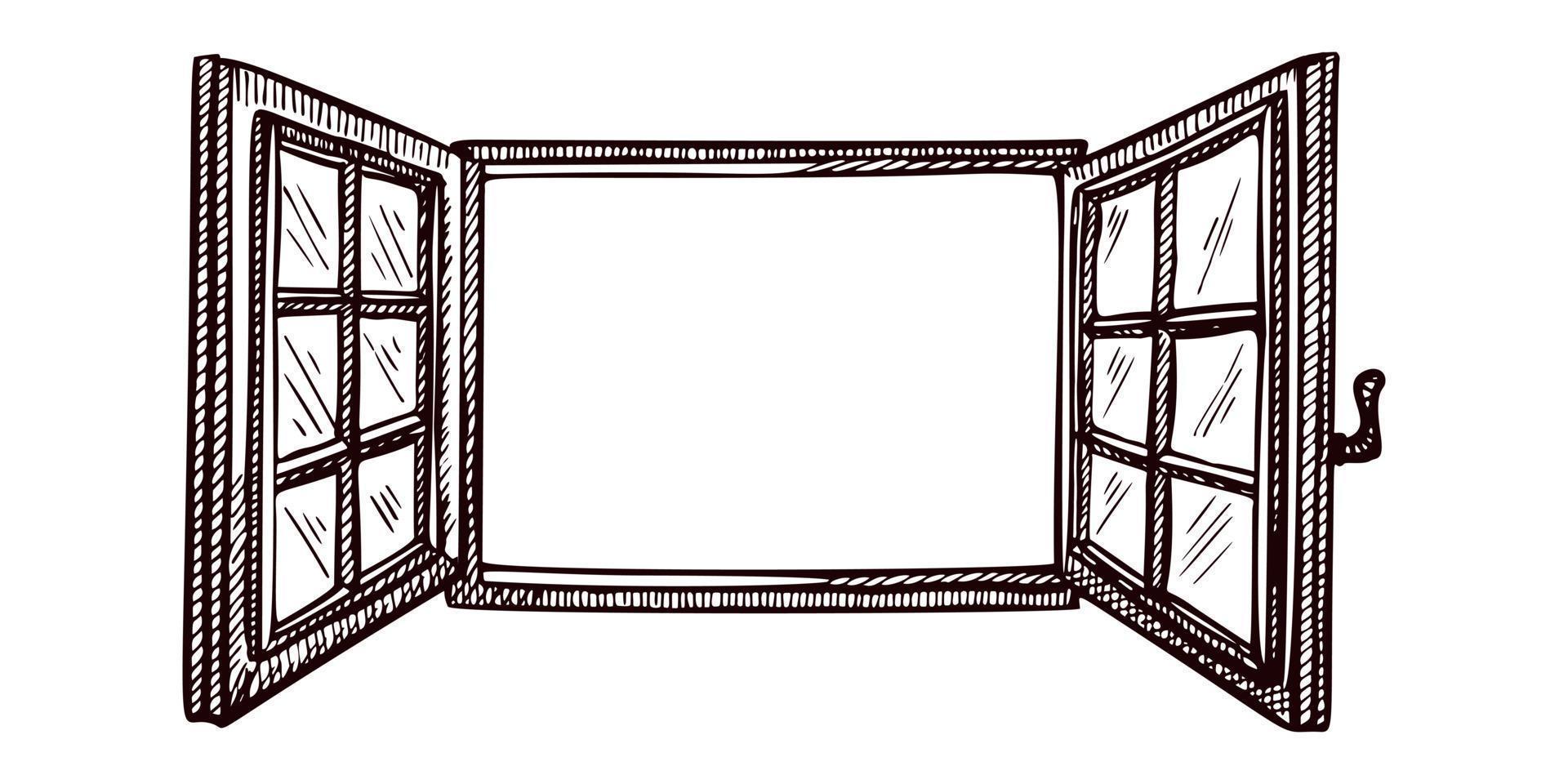 Opened window sketch isolated. Retro element inside wall in hand drawn style. vector