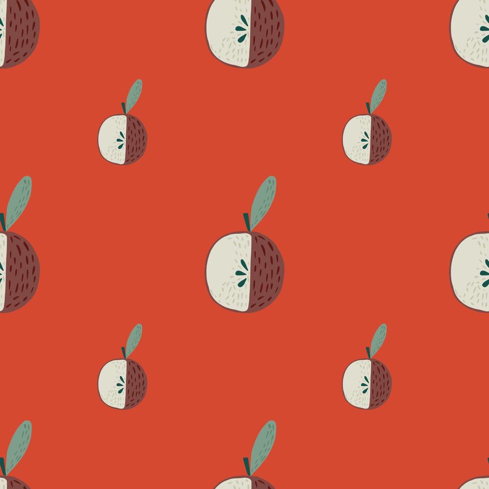 Minimalistic seamless doodle pattern with apple silhouettes. Red background. Bright artwork. vector