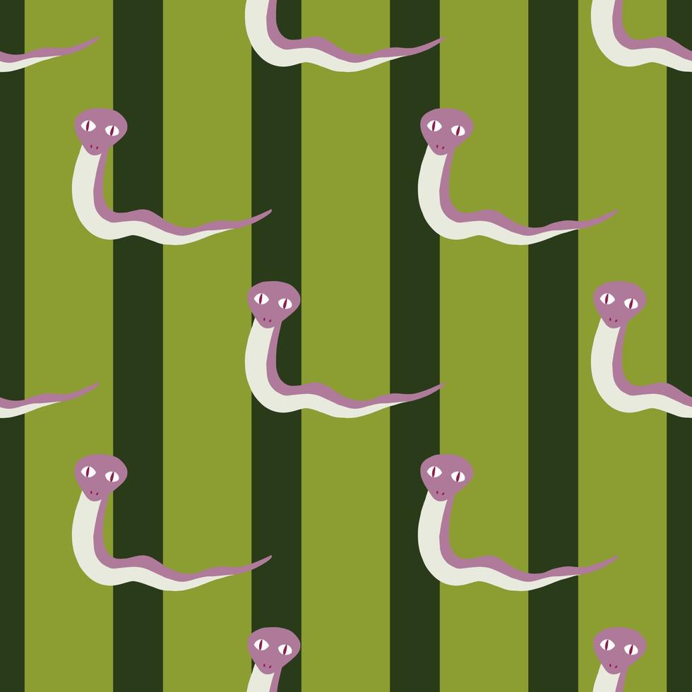 Lilac funny snakes silgouettes seamless doodle pattern in hand drawn style. Green striped background. vector