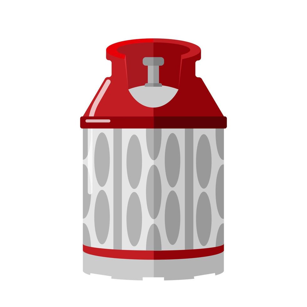 Cilindro de gas bajo aislado sobre fondo blanco. almacenamiento de combustible de bote contemporáneo pequeño. botella de propano rojo con contenedor de icono de asa en estilo plano vector