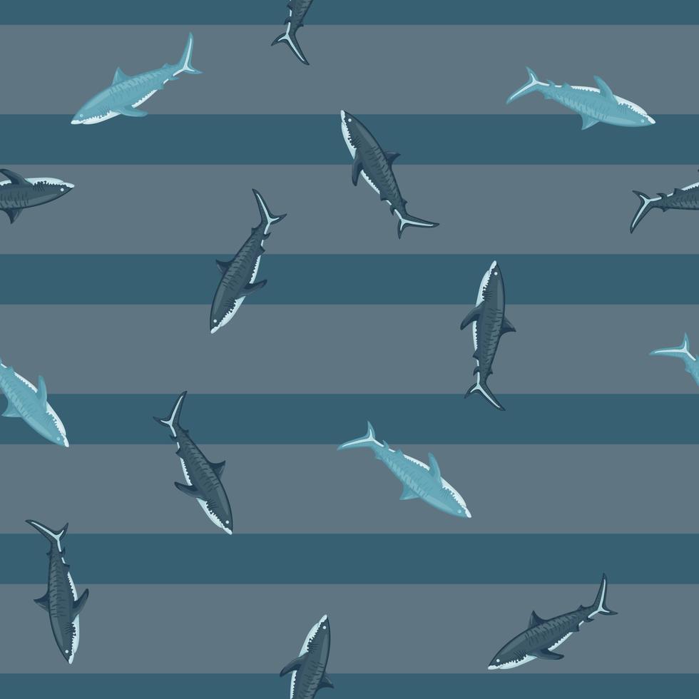 Seamless pattern Tiger shark on striped gray teal background. Texture of marine fish for any purpose. vector