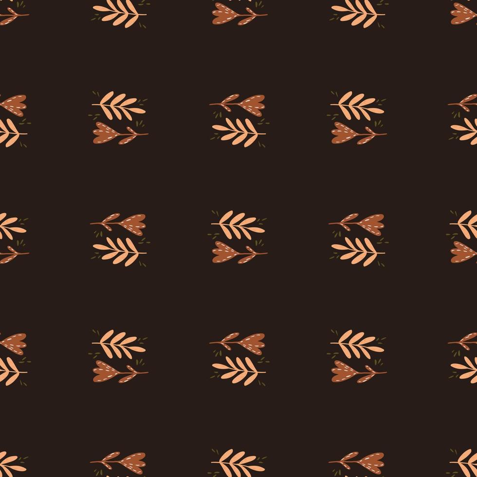 Autumn tones seamless pattern with simple botanic silhouettes. Dark background. vector