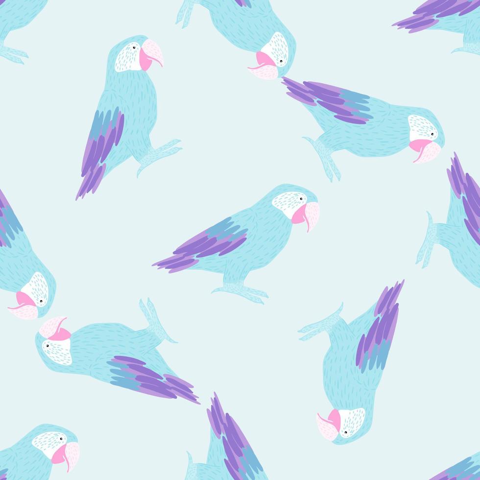 Pastel palette seamless pattern with doodle simple blue parrot ara elements. Macaw bird ornament. vector