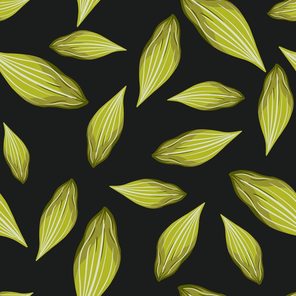 Abstract seamless pattern with green leaf elements. Black background. Random botanic floral backdrop. vector