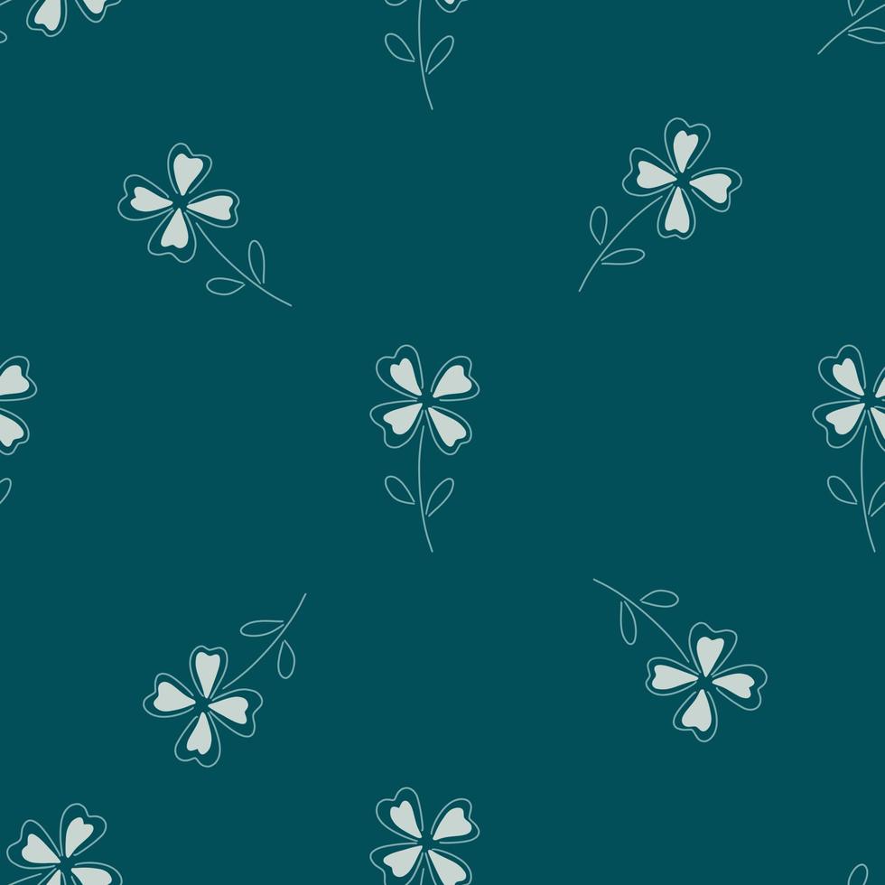 patrón floral minimalista sin costuras con elementos simples de trébol de cuatro hojas. fondo turquesa. impresión al azar. vector
