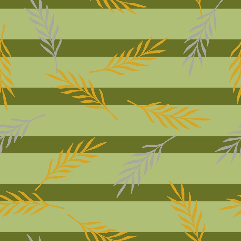 Botanic seamless pattern with doodle leaves branches shapes ornament. Green striped background. vector