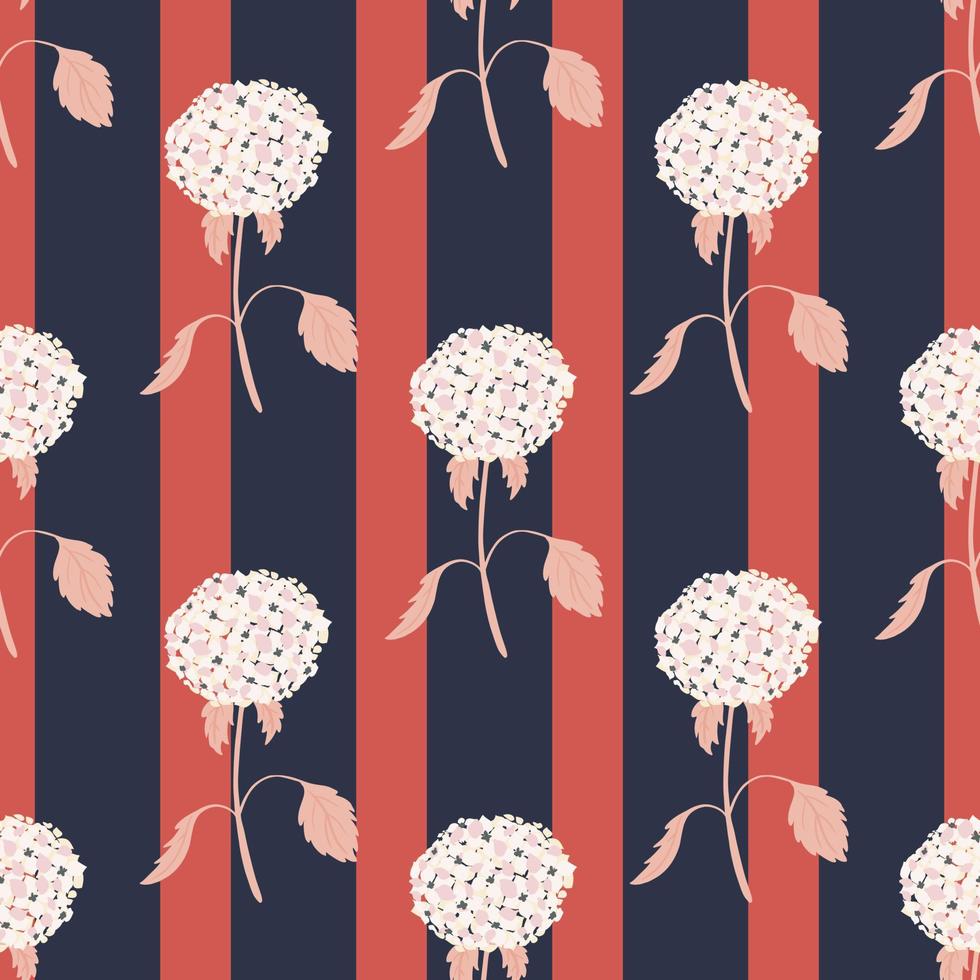 White colored decorative hydrangea flower silhouettes print. Pink and navy blue striped background. vector