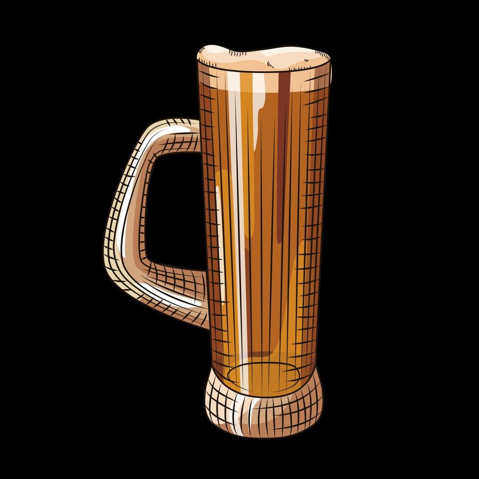 Glass of beer isolated. Full beer mug in hand drawn style on black background. vector