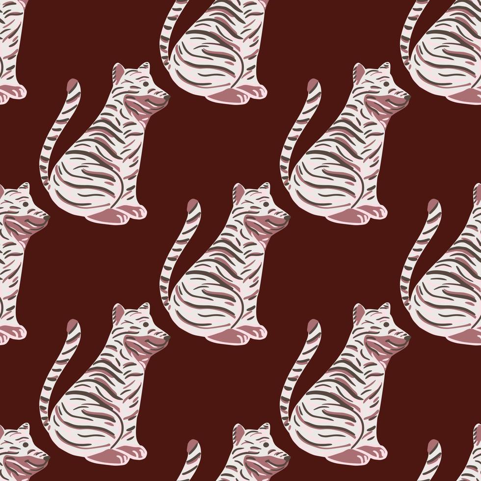 Kids design seamless pattern with light doodle tiger ornament. Maroon background. Hand drawn style. vector