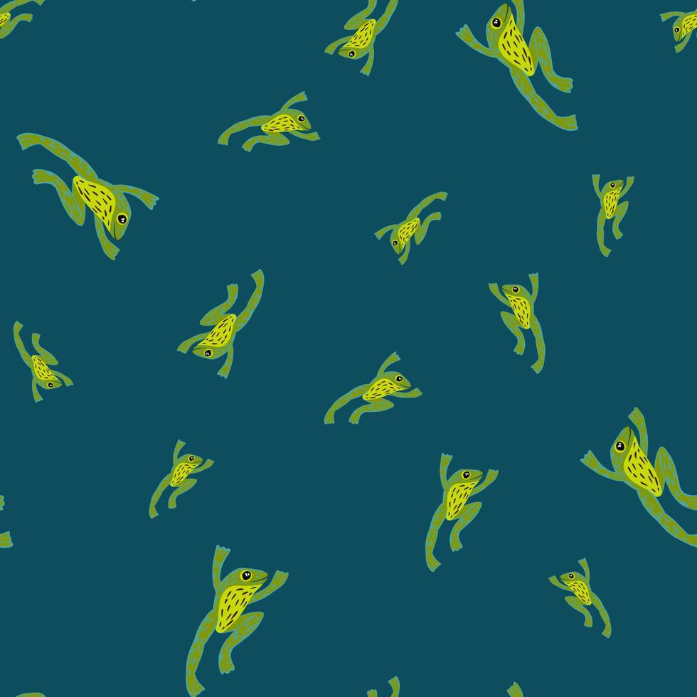 Random zoo exotic seamless pattern with amphibian green froggy silhouettes. Navy blue background. vector
