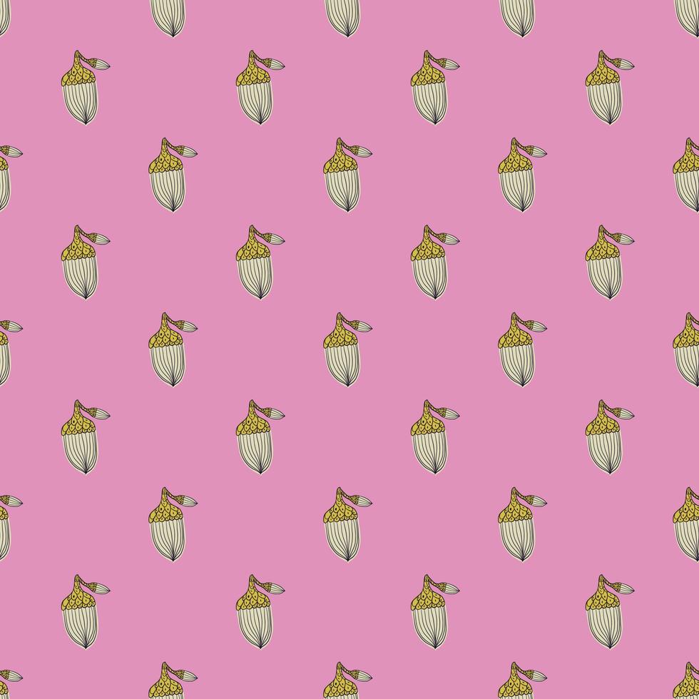 Abstract green acorn elements seamless doodle pattern. Lilac bright background. Organic nature ornament. vector