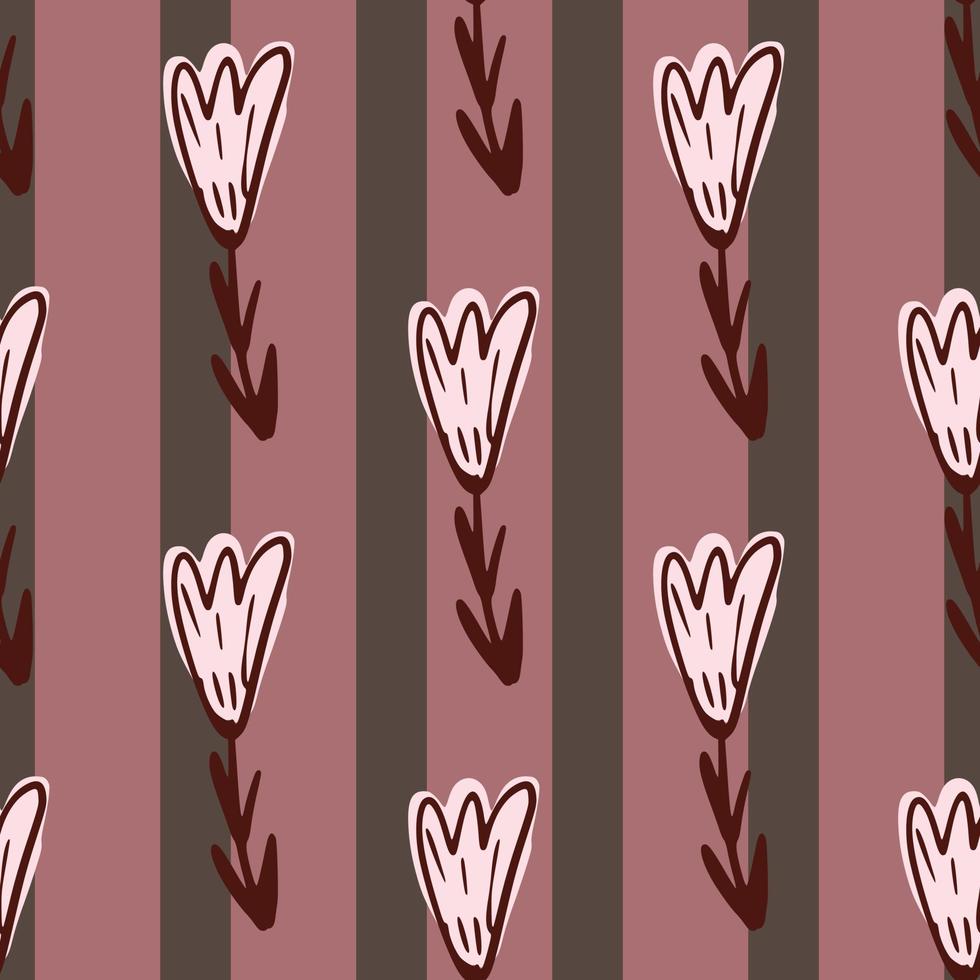 Outline flowers seamless doodle pattern in simple style. Striped background in pink colors. vector