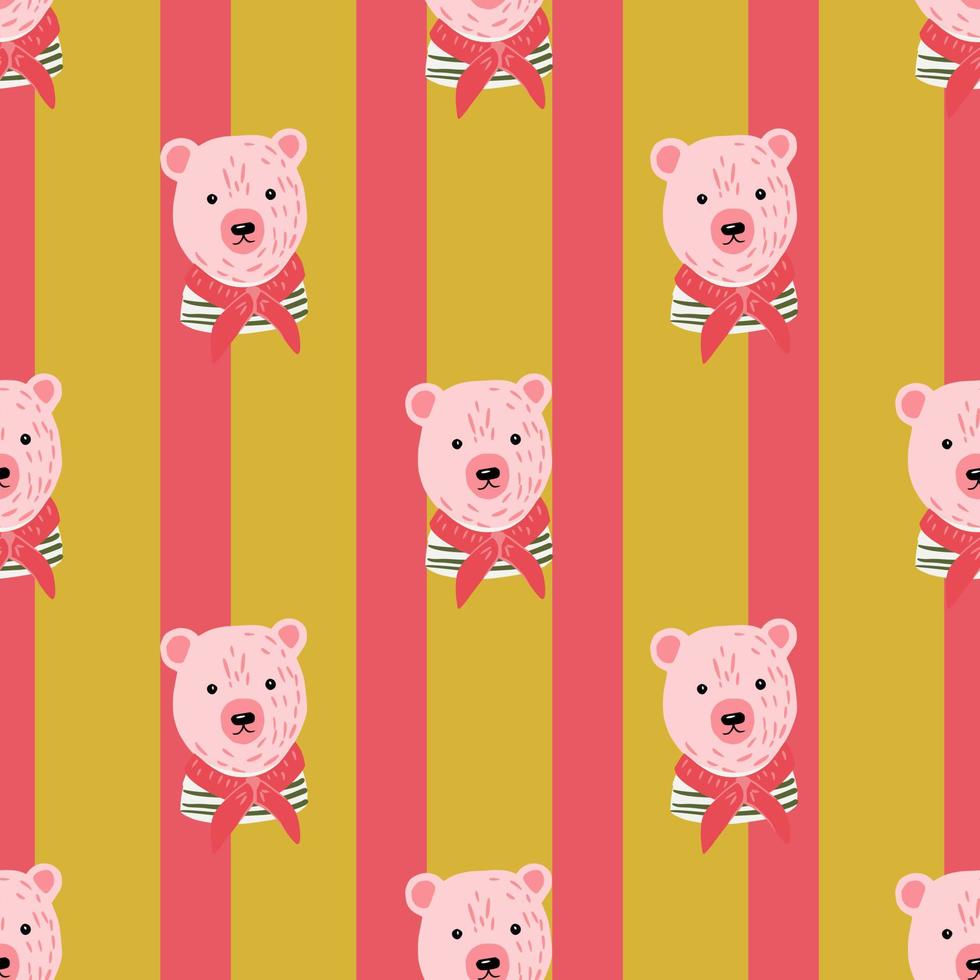 Bright seamless pattern with pink bear head ornament in marine style. Pink and ocher striped background. vector