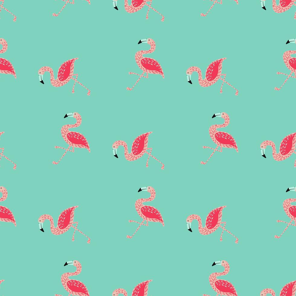 Random bright seamless pattern with pink flamingo simple elements. Blue background. Exotic animal shapes. vector