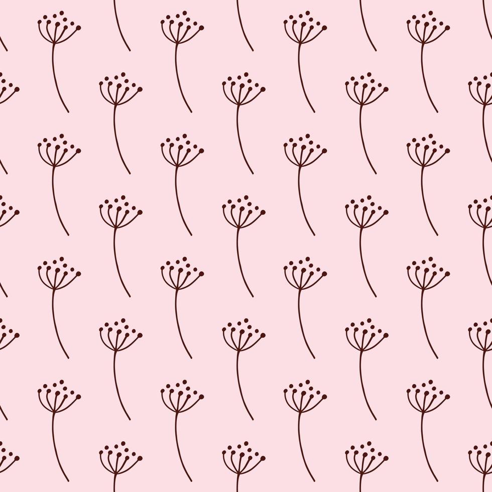 Maroon abstract dandelion flowers ornament seamless pattern. Pastel pink background. vector