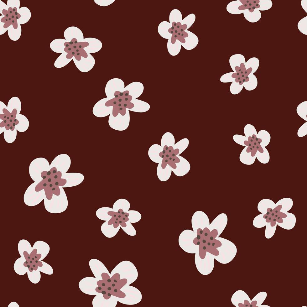 Abstract flora seamless pattern with hand drawn flowers silhouettes. Maroon background. vector