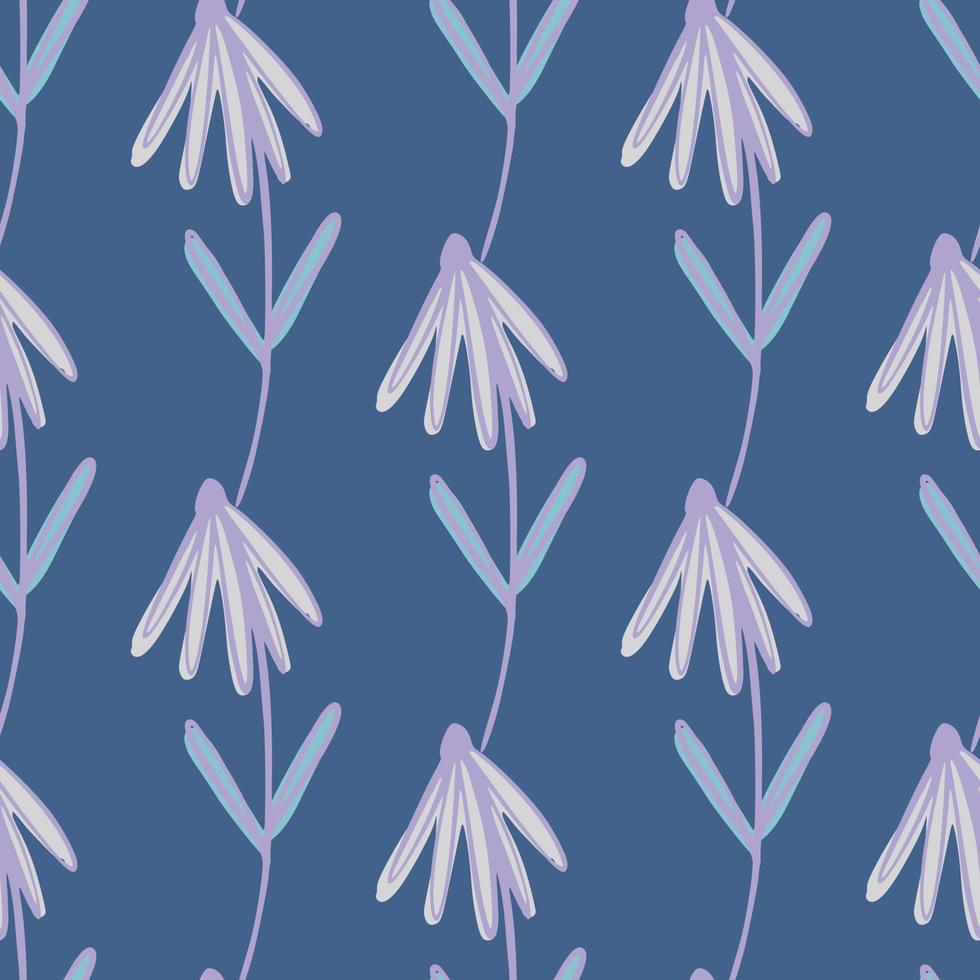 siluetas de flores de color púrpura claro patrón de garabato sin costuras. fondo azul. ilustraciones botánicas antiguas. vector