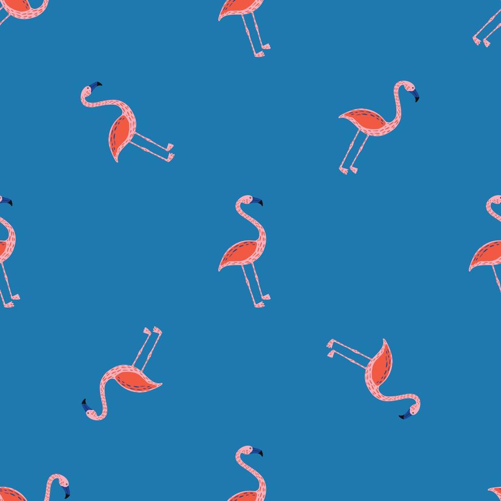 Exotic wild nature seamless pattern with little bright flamingo print. Blue background. Simple design. vector