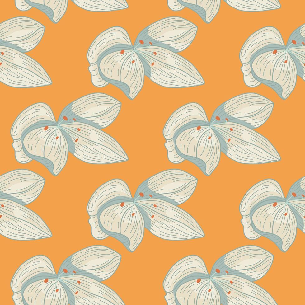 Vintage seamless pattern with outline doodle grey orchid flowers elements. Orange background. vector