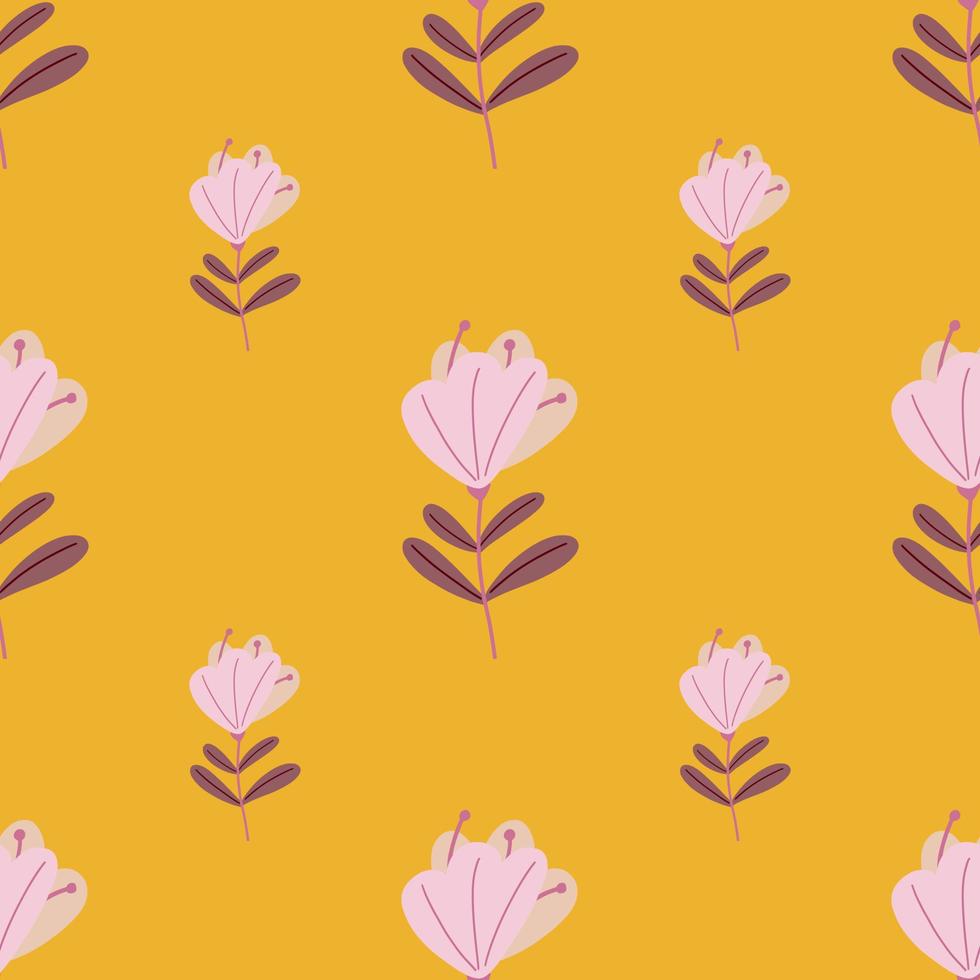 Pink colored simple flowers silhouettes seamless pattern. Summer botanic print. Yellow background. vector