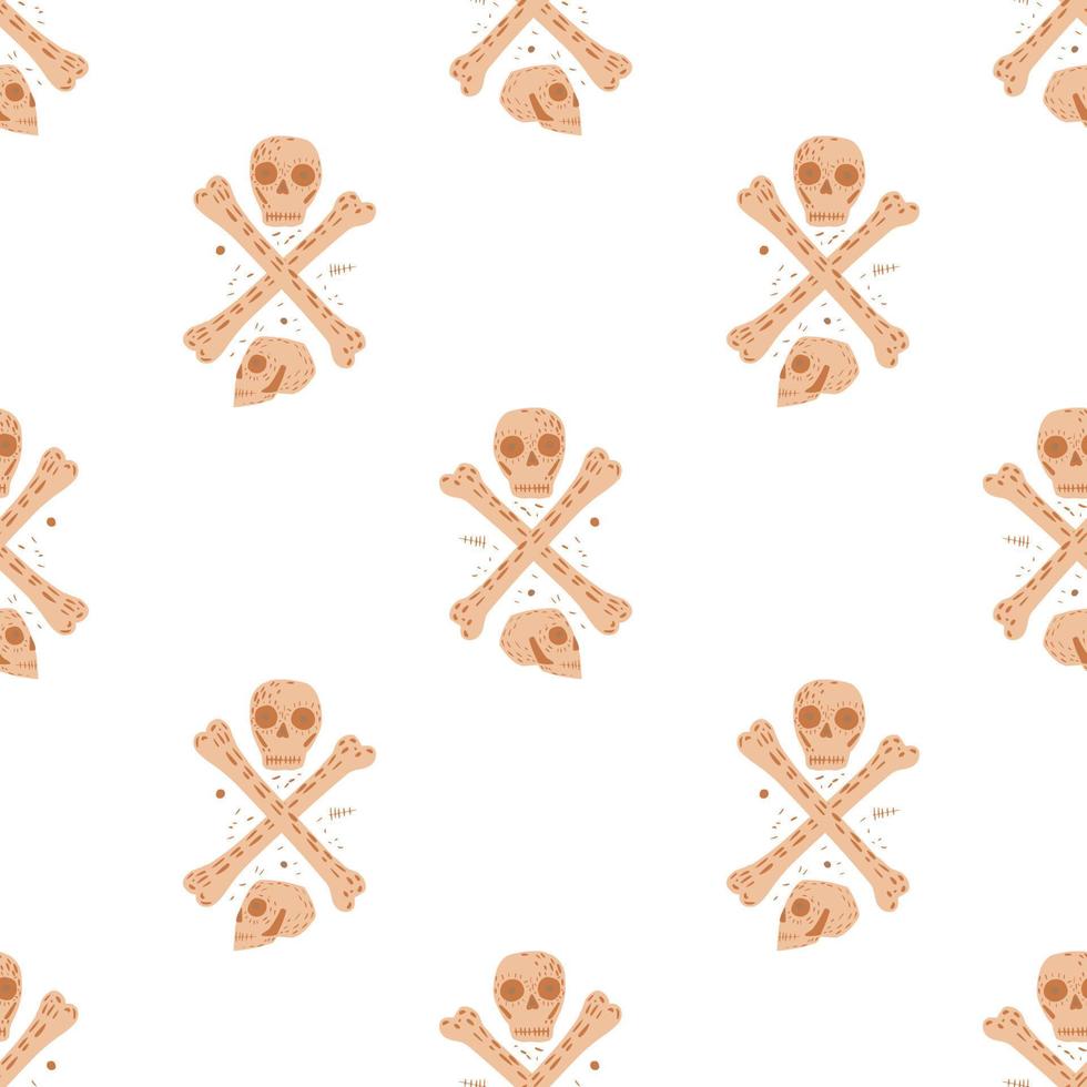 Isolated seamless pattern with doodle cartoon skulls and bones ornament. Beige punk print with white background. vector