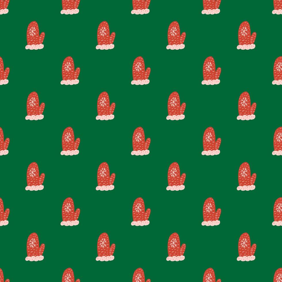 Bright seamless pattern with christmas wool mittens ornament. Red print on green background. vector