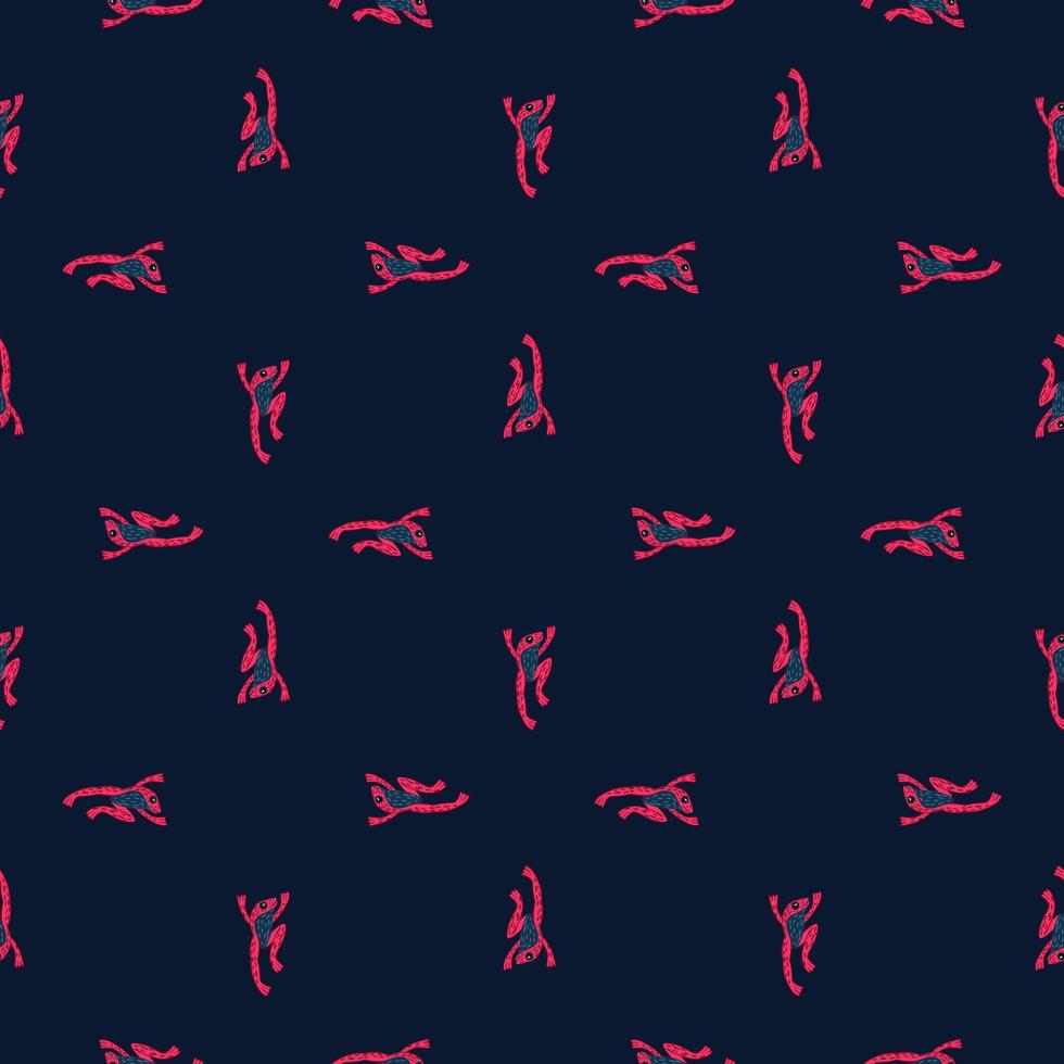 Geometric animal seamless pattern with doodle pink froggy ornament. Dark background. Creative design. vector