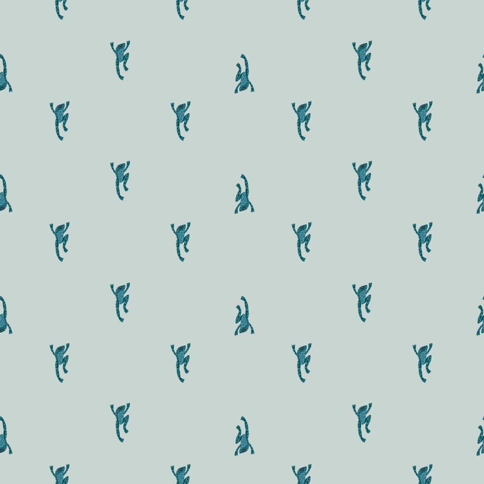 Seamless doodle animal pattern with navy blue little frog ornament. Grey background. Simple design. vector