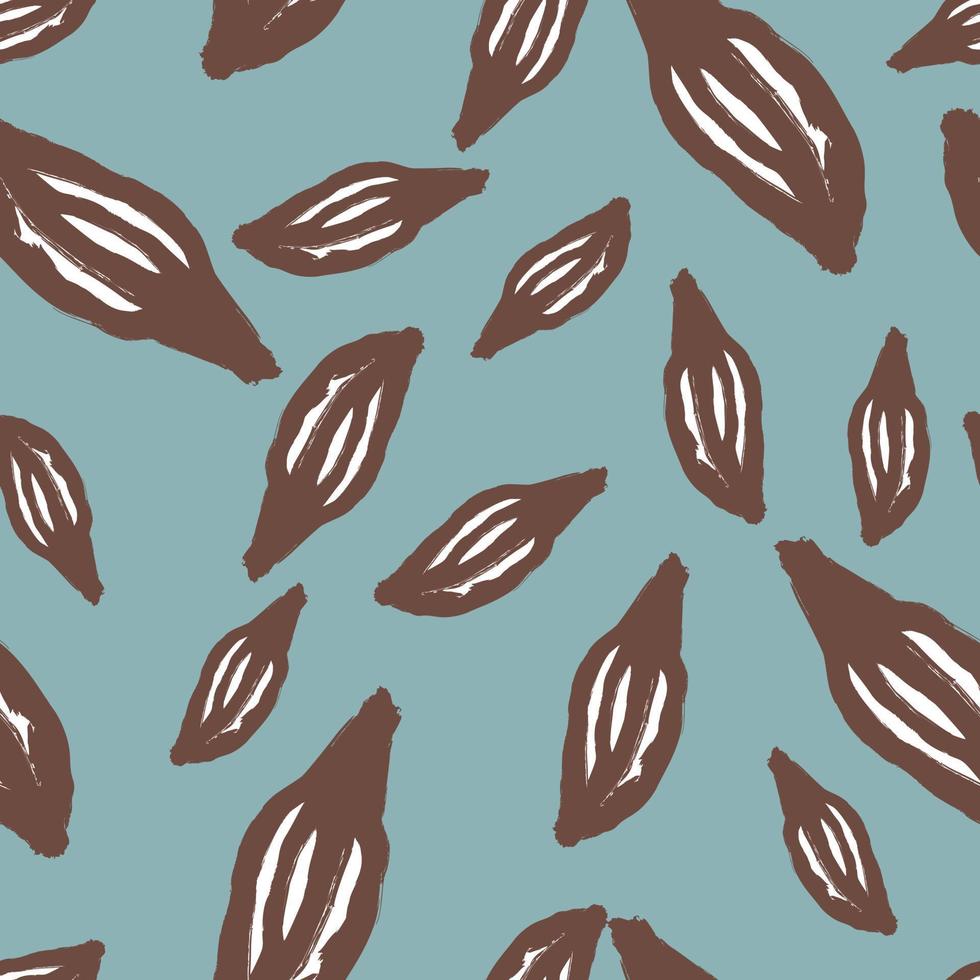 patrón sin costuras de álbum de recortes con estampado de hojas marrones al azar. fondo azul. fondo de botánica de naturaleza abstracta. vector