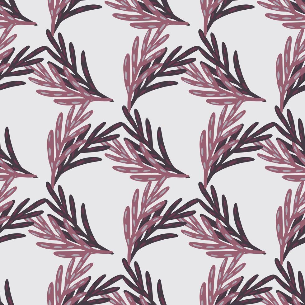 Seamless geometric style pattern with purple doodle leaves branches shapes. Light grey background. vector
