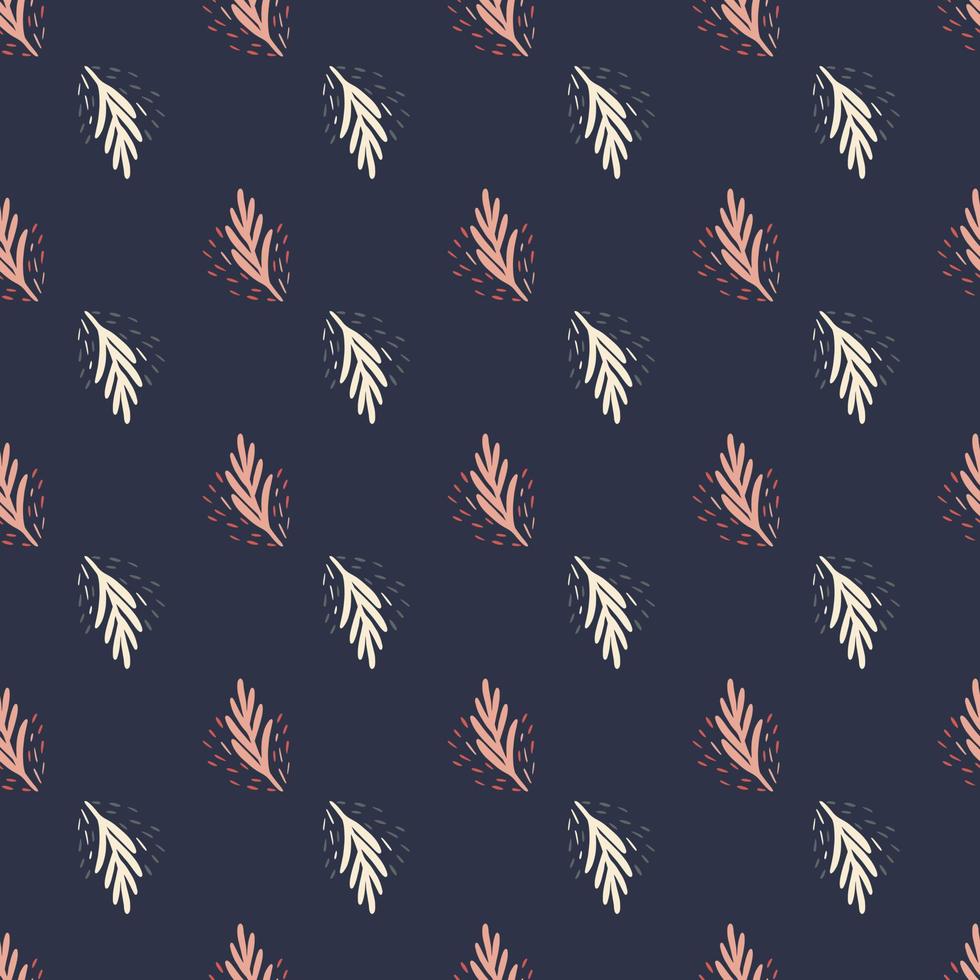 Seamless pattern leaf palm on dark blue background. Vector foliage template in doodle style. Modern tropical texture.