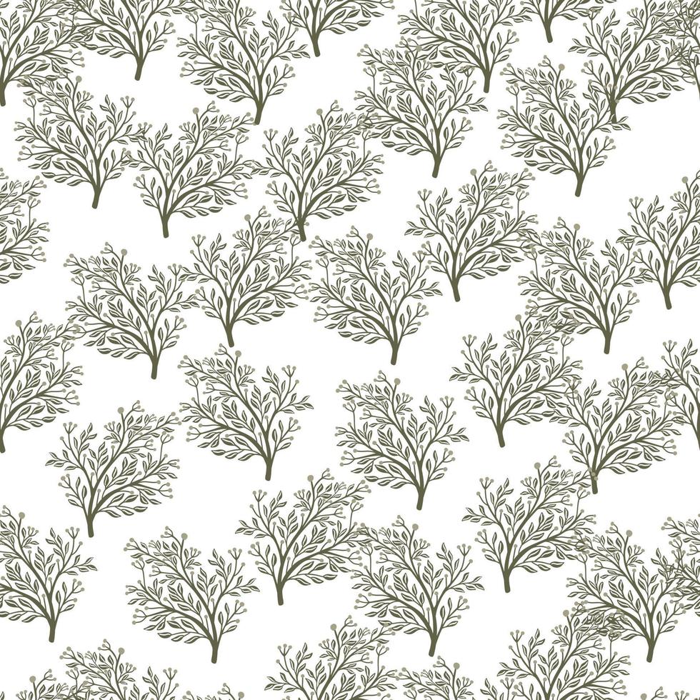 siluetas de bosque de árbol aleatorio creativo gris patrón de garabato sin costuras. telón de fondo floral simple aislado. vector