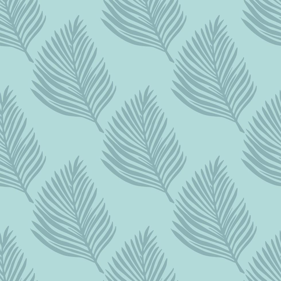 Pastel pale seamless pattern with exotic foliage fern leaf print. Blue background. Simple design. vector