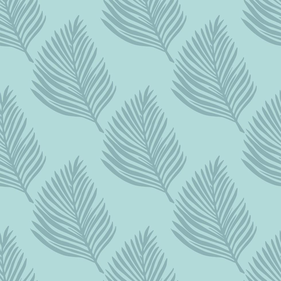 Pastel pale seamless pattern with exotic foliage fern leaf print. Blue background. Simple design. vector
