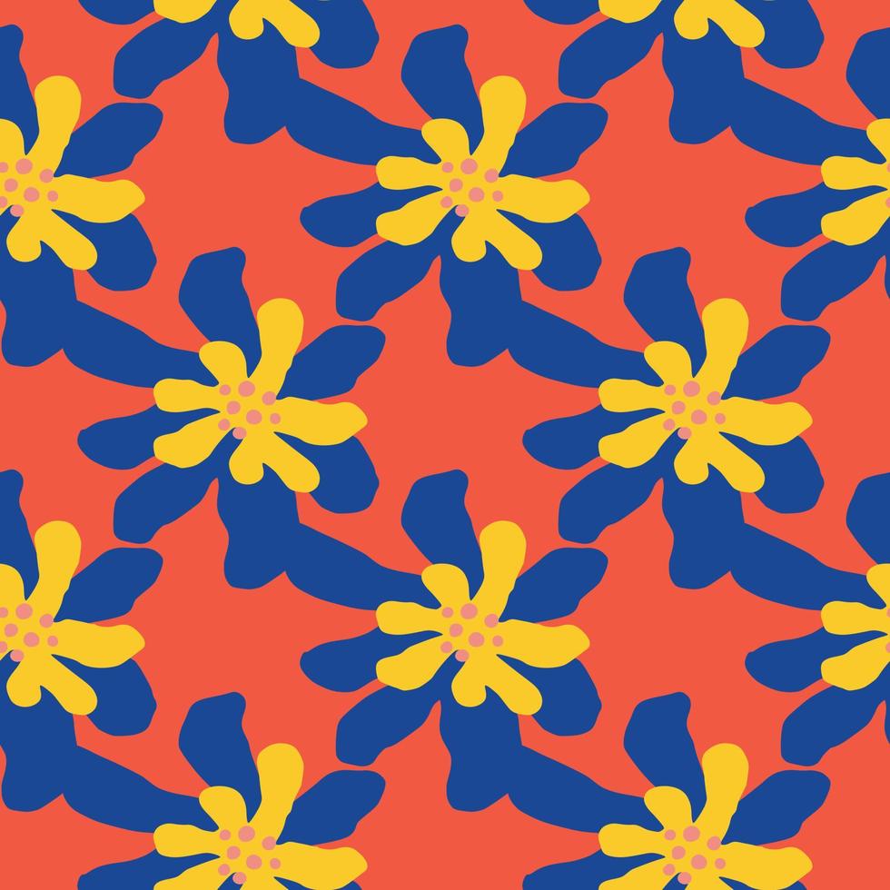 Yellow and blue bright daisy flower shapes seamless pattern. Red background. vector