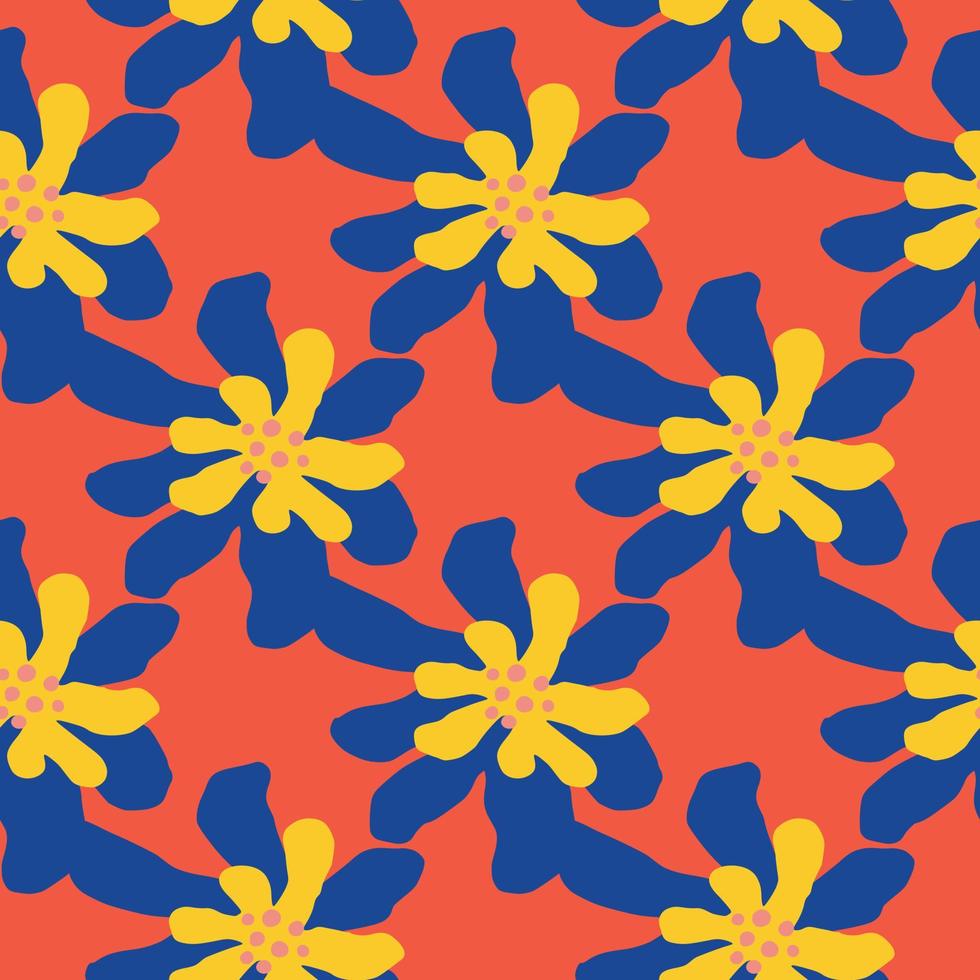 Yellow and blue bright daisy flower shapes seamless pattern. Red background. vector