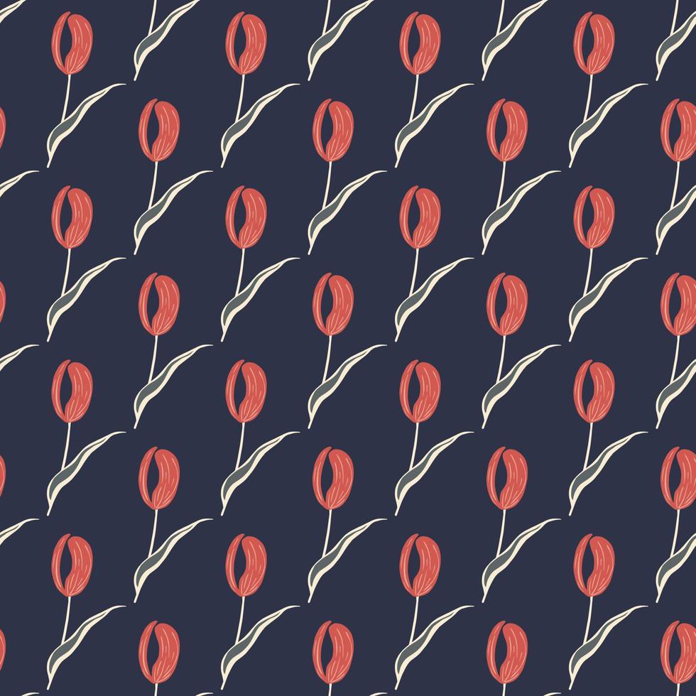 Nature seamless pattern with pink tulip flowers shapes print. Navy blue dark background. vector