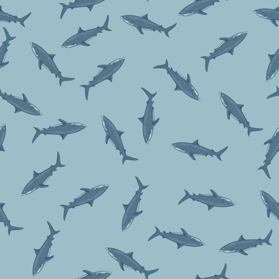 Seamless pattern Tiger shark pastel blue background. Gray textured of marine fish for any purpose. vector