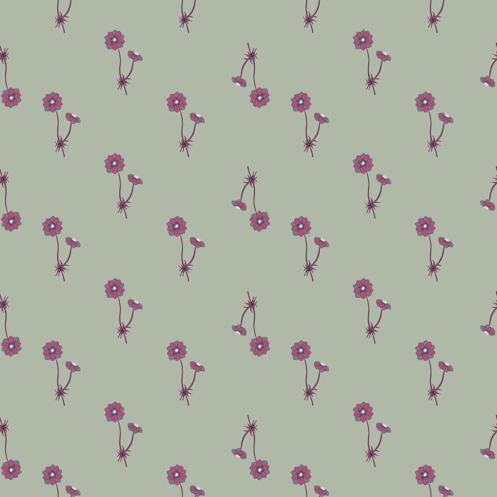 Pale tones seamless pattern with vintage little pink anemone flowers ornament. Blue background. vector