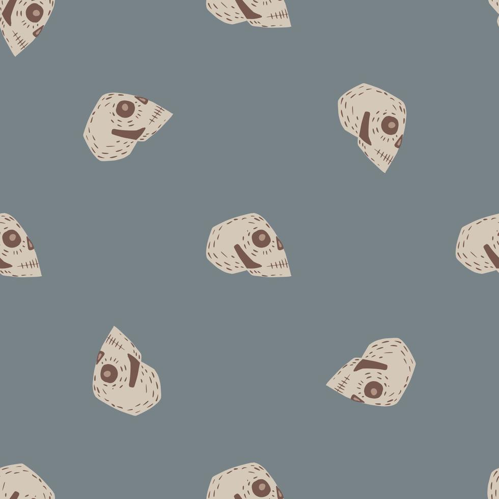 Minimalistic seamless halloween pattern with doodle skull shapes. Pale blue background. vector